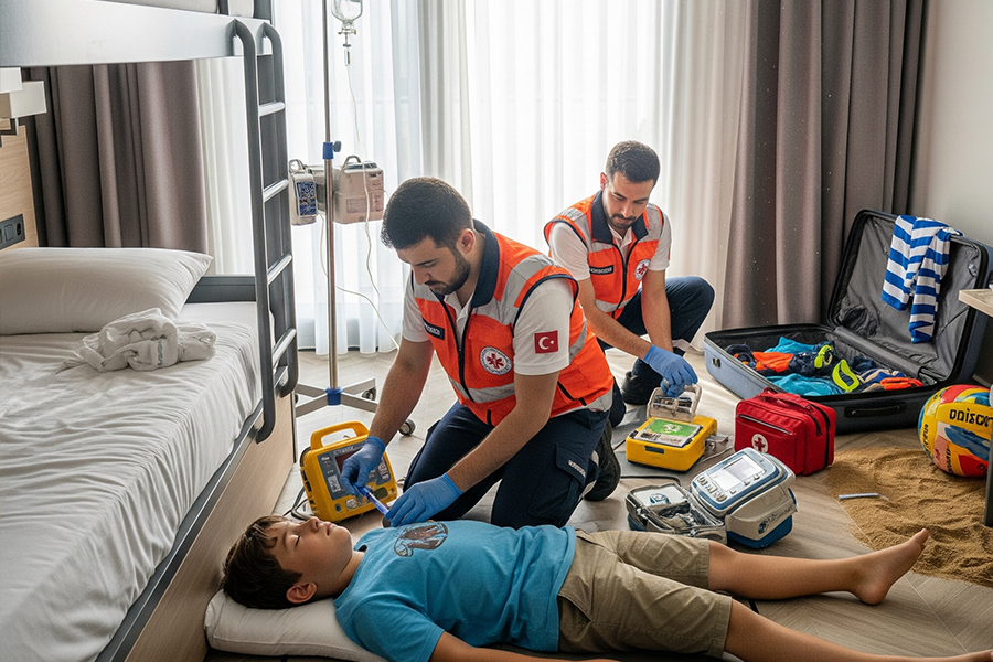 Brain surgery and safe evacuation of a young vacationer 